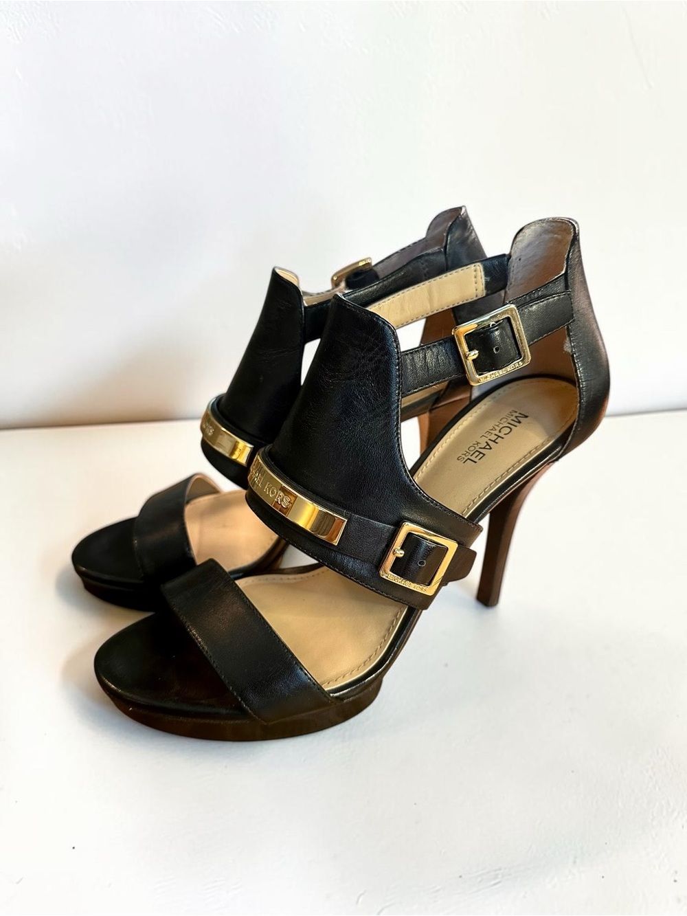 Michael Kors Black Leather High Heel Sandals with Gold Accents Size 6.5